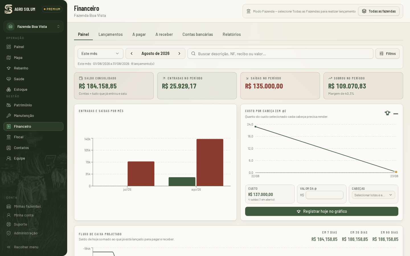 Painel financeiro com receitas, despesas e saldo do período