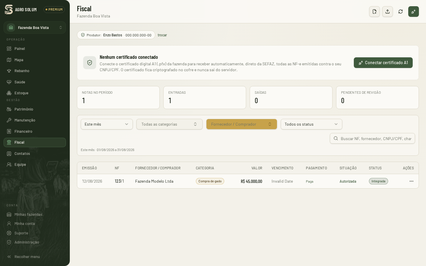 Tela fiscal com notas fiscais importadas e seus status