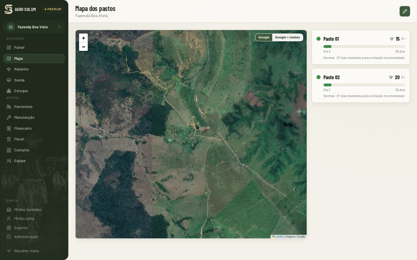 Tela do mapa da fazenda com pastos desenhados sobre imagem de satélite