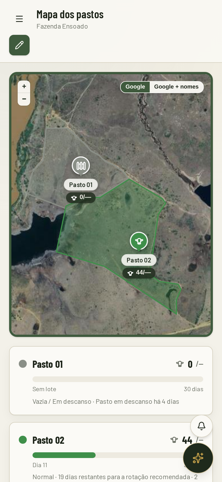 Mapa da fazenda por satélite rodando no celular