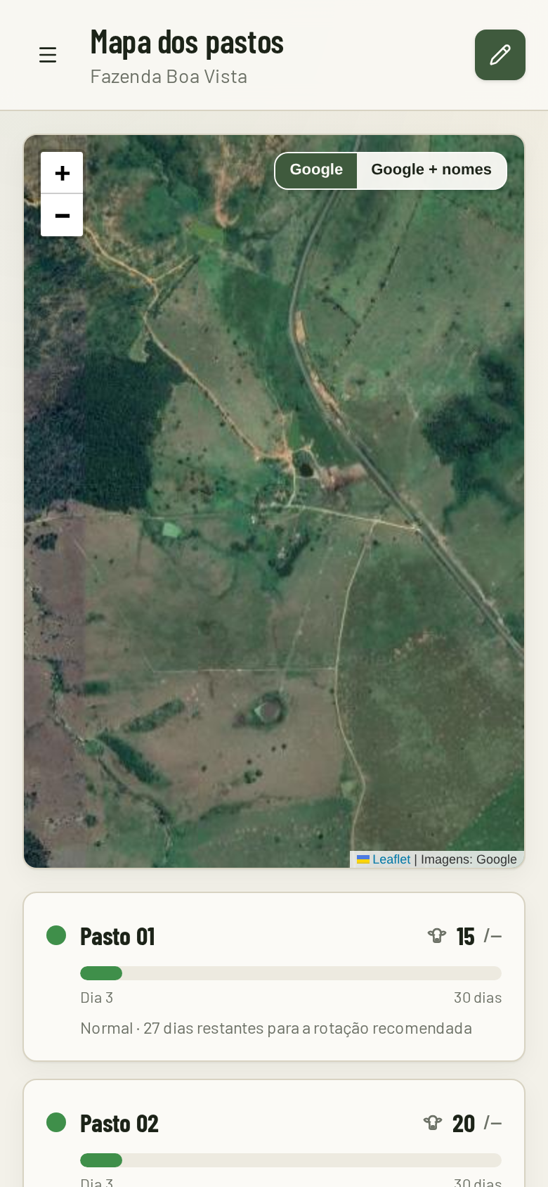 Mapa da fazenda por satélite rodando no celular